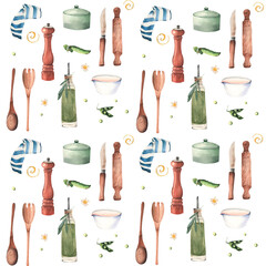  Pattern with kitchen utensils on a white background