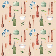  Pattern with dishes on a beige background