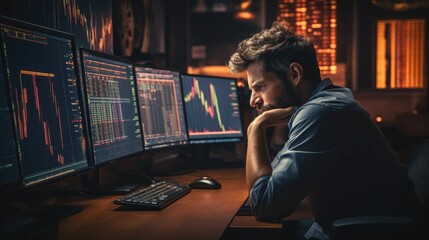 Stock trader sitting in front of his screens on his desk, Disappointed because he lost his trade, Very sad.
