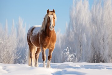 A stunning horse stands in a snowy forest, creating a picturesque winter background