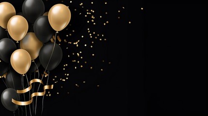 free photos Gold yellow balloons and falling foil confetti on black background for writing space.Generative AI