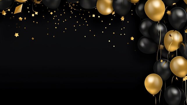 free photos Gold yellow balloons and falling foil confetti on black background for writing space.Generative AI