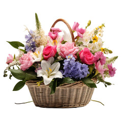 Fototapeta na wymiar Fresh attractive flowers in wicker basket