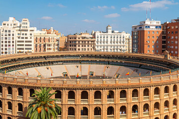 aerial view of a bullring in a spanish city