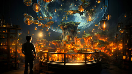 Fantasy Room with Floating Fiery Ecosystems and Cosmic Background.Generative AI