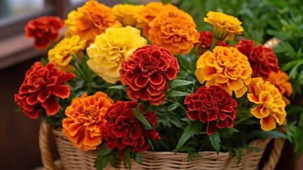 Colorful marigold flowers in the basket on the table. Mother's Day Concept. Valentine's Day Concept with a Copy Space. Springtime.