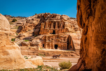 Obelisk Tomb standing at the entrance caves to Al-siq in Petra, Jordan