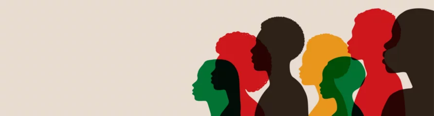 Foto op Canvas Silhouette face head in profile ethnic group of black African and African American men and women. Identity concept - racial equality and justice. Racism, discrimination. Juneteenth emancipation. © Olga Tsikarishvili