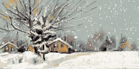  Winter landscape with a small village. Pastel drawing.