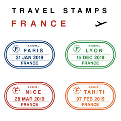 Travel PNG - passport stamps set (fictitious stamps). France destinations: Paris, Lyon, Nice and Tahiti. Transparent PNG illustration.
