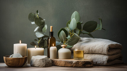 Fototapeta na wymiar Massage and spa products with eucalyptus