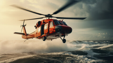 Search and Rescue Helicopter over Rough Sea - obrazy, fototapety, plakaty