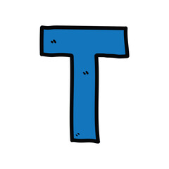 Hand-drawn cartoon doodle blue letter T on a white background.