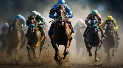 
A thrilling moment on the racetrack captured from a head-on perspective, featuring race horses and jockeys in the heat of competition