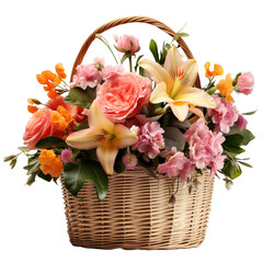 Fototapeta na wymiar Fresh attractive flowers in wicker basket isolated on transparent background