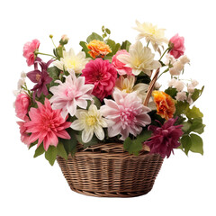 Obraz premium Fresh attractive flowers in wicker basket isolated on transparent background