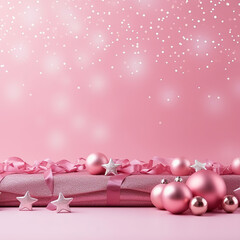 Christmas background with pink baubles and gift boxes. 3d rendering