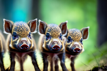 Wildschwein Babys Rotte Frischlinge Portrait vor einem unscharfen Hintergrund aus Wald, wildlebende Tiere aus Europa, Amerika und Asien - obrazy, fototapety, plakaty