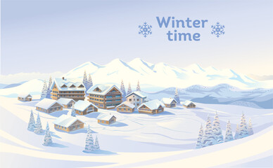 Fototapeta na wymiar Winter mountain landscape with country village houses or hotel complex of the mountain resort. Vector illustration.