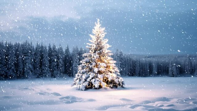 The softly falling snowflakes blanket the ground, while the glowing garlands on the tree cast a warm and inviting glow, transforming the woodland into a magical winter wonderland