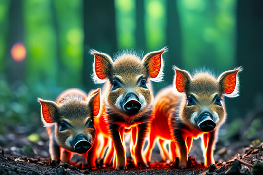 Wildschwein Babys Rotte Frischlinge orange rot leuchtend Portrait vor einem unscharfen Hintergrund aus Wald, wildlebende Tiere aus Europa, Amerika und Asien
