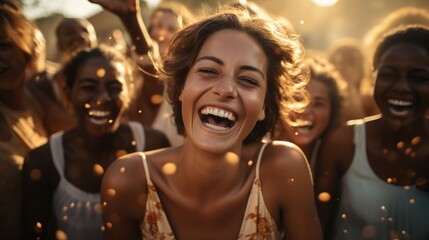 Group of people gathered in a moment of sheer glee, Their carefree expressions and radiant smiles encapsulate the atmosphere of a gleeful gathering. - obrazy, fototapety, plakaty