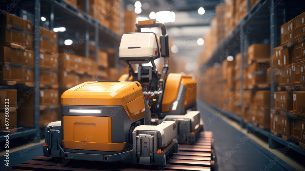 Poster robot forklift efficiently sorting hundreds of parcels per in smart distribution warehouse.