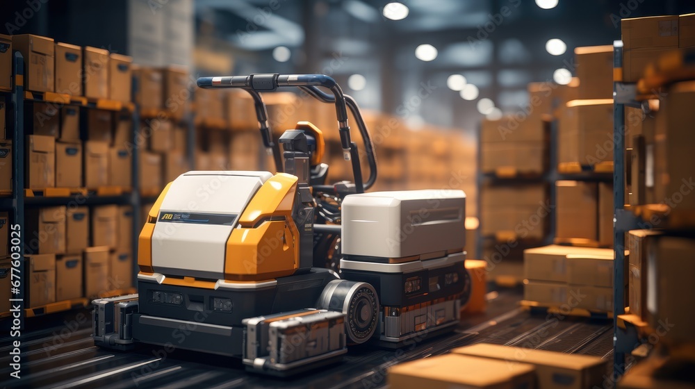 Poster robot forklift efficiently sorting hundreds of parcels per in smart distribution warehouse.