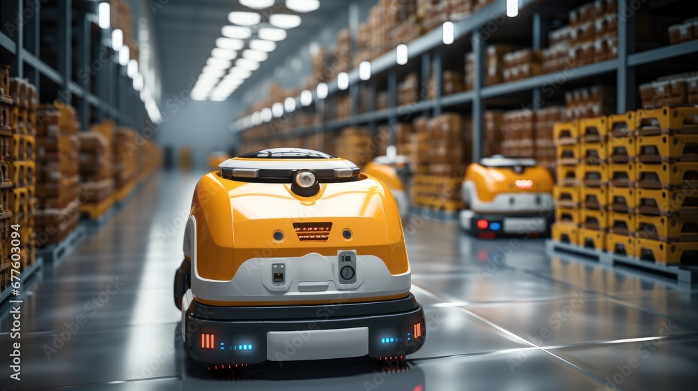 Poster robot forklift efficiently sorting hundreds of parcels per in smart distribution warehouse.