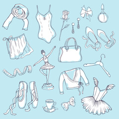 Ballet set vector illustration isolated on light blue background. © Mariia