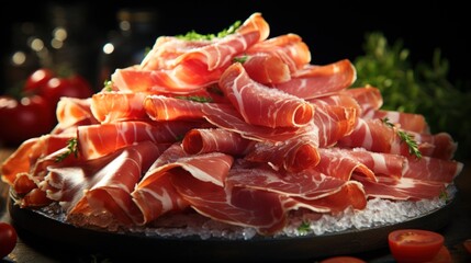 Close-up of sliced Iberico ham with herbs and tomatoes, top side view. Generative AI