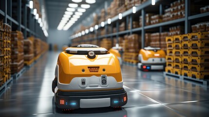 Robot forklift efficiently sorting hundreds of parcels per in smart distribution warehouse.