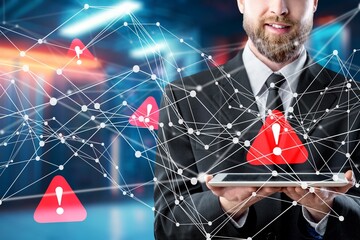 Business person using tablet computer with hologram