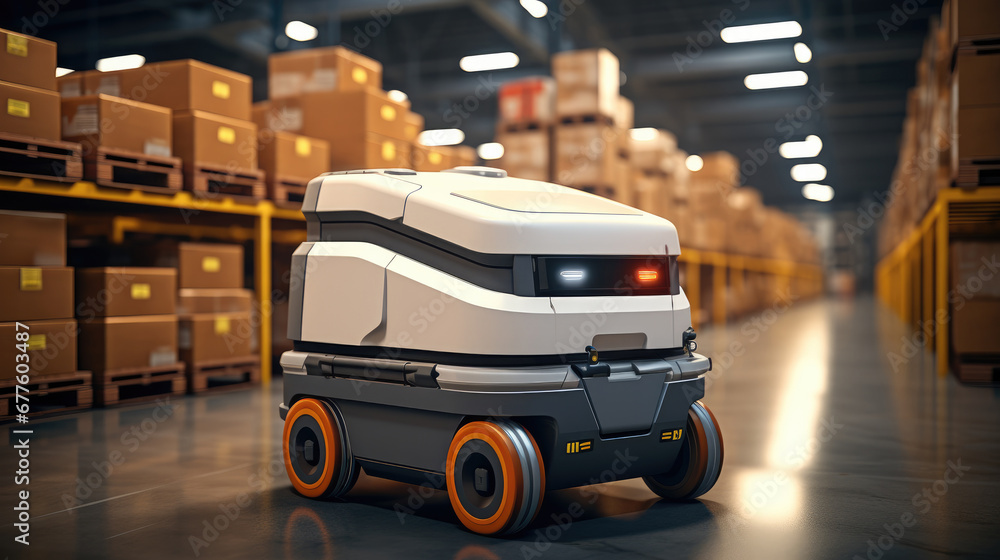 Fototapete warehouse delivery using advanced robotics and automated guided vehicles.