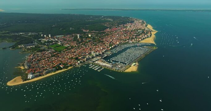 Aerial View of boats moored at Arcachon port - Yacht club and Arcachon bay In France