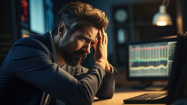 Man looking worried as he watches his single investment plummet on his computer screen, Disappointed because he lost his trade, Very sad.