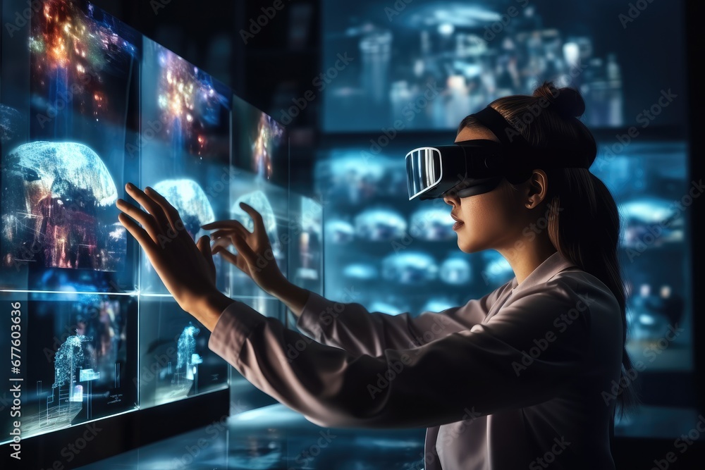 Poster virtual reality, woman scientist wearing virtual reality goggles for 3d research, touching augmented