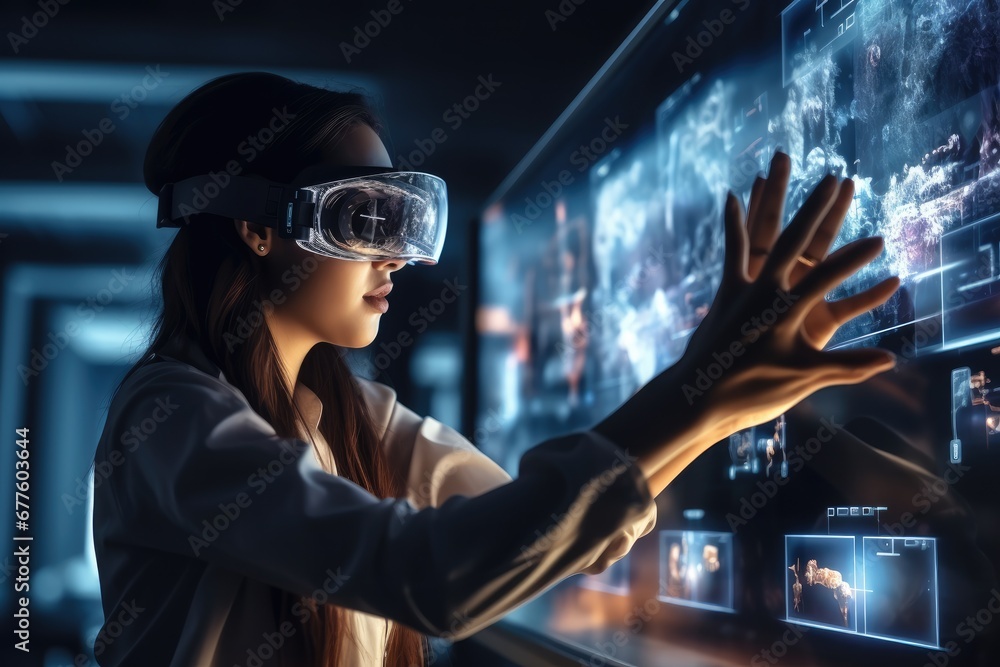 Poster Virtual reality, woman scientist wearing virtual reality goggles for 3d research, Touching augmented reality holographic media screen with data, Expert and goggles for futuristic development.
