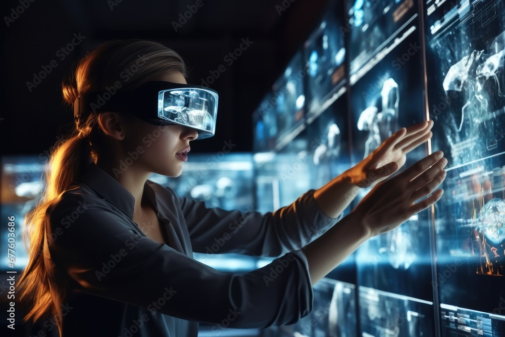 Poster virtual reality, woman scientist wearing virtual reality goggles for 3d research, touching augmented