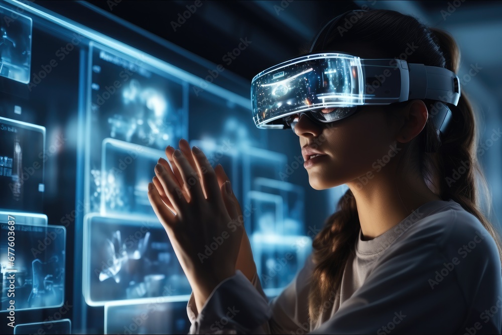 Poster virtual reality, woman scientist wearing virtual reality goggles for 3d research, touching augmented