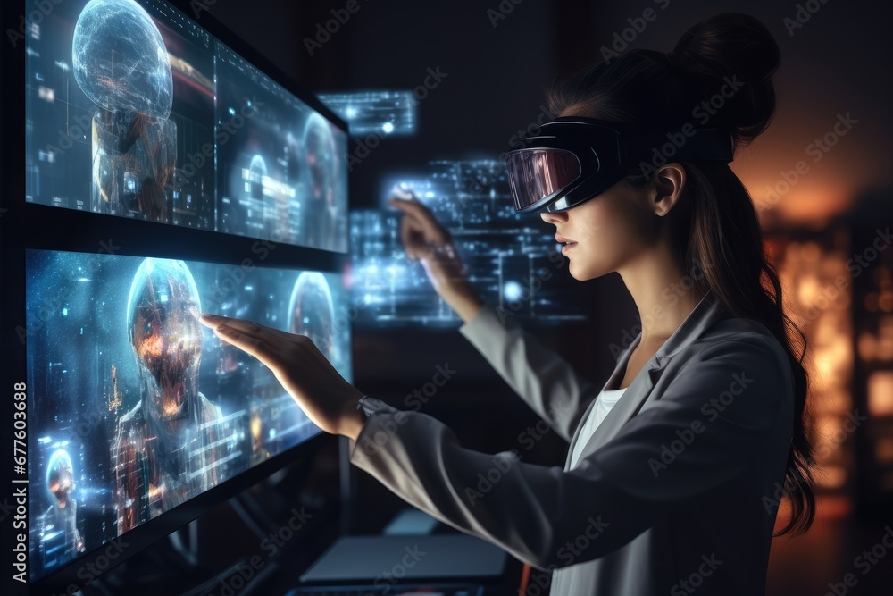 Poster virtual reality, woman scientist wearing virtual reality goggles for 3d research, touching augmented