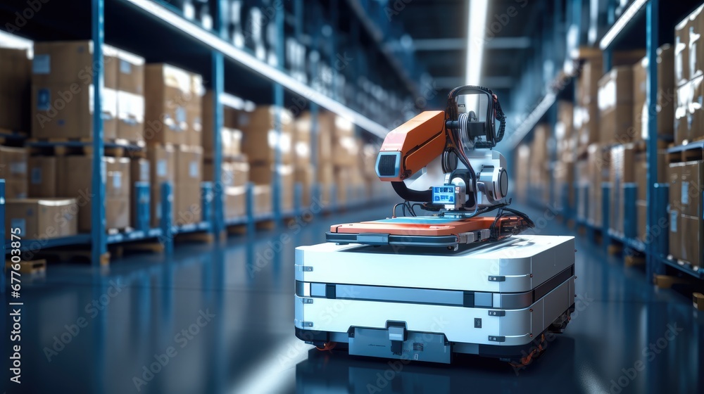 Fototapete Robot forklift efficiently sorting in modern warehouse, Automated warehouse concept with automation robot work in warehouse.