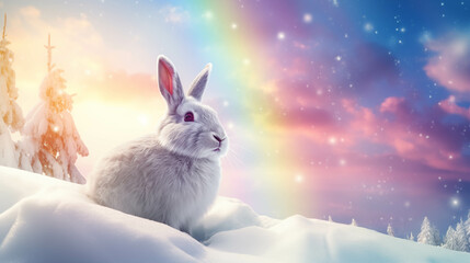 .Winter landscape with a hare and rainbow.