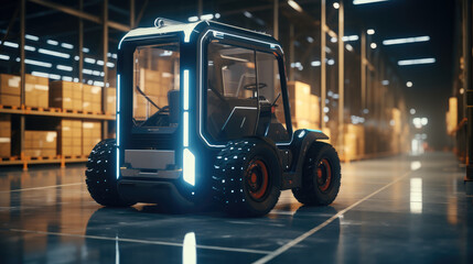 Futuristic Autonomous Forklift Drives on the Warehouse with Sensors Scanning Surrounding, Special Effects of Self Driving Forklift. - obrazy, fototapety, plakaty