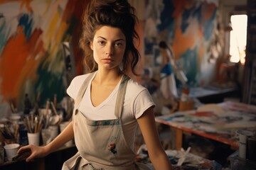 Fototapeta na wymiar Woman artist in a painting apron in her studio.