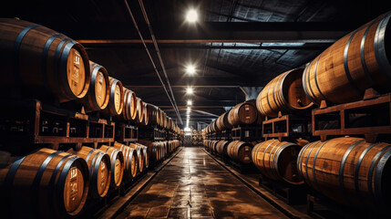 Rows of wine barrels in wine-vaults in order. Cellar with French barrique wine casks. Generative AI