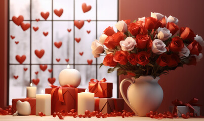 A romantic Valentine's Day background, Red hearts, Flowers, Gifts.