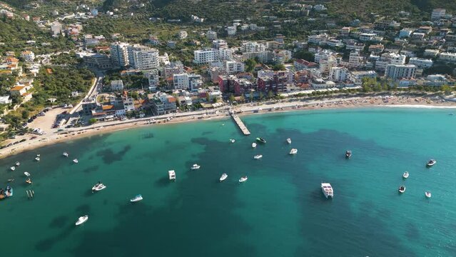 Cinematic Drone Shot Above Himare, Albania. Famous Coastal Town Albanian Riviera