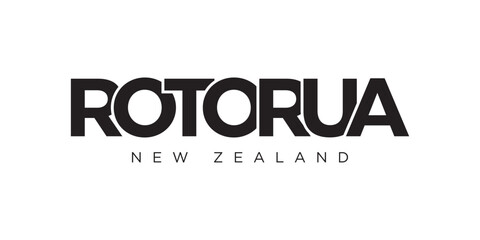 Rotorua in the New Zealand emblem. The design features a geometric style, vector illustration with bold typography in a modern font. The graphic slogan lettering.