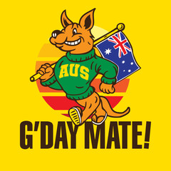 Kangaroo Mascot Character Design Holding Australian Flag in Hand Drawn Style Vector Illustration